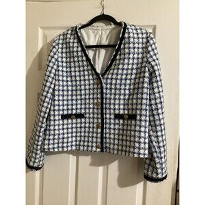 SHEIN Tweed Jacket Womens XL Blue White Plaid Gold Button Cropped Boxy Blazer